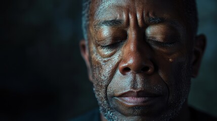 Fototapeta premium A man with a wise demeanor reflects on life as soft shadows emphasize his features. His downcast eyes evoke nostalgia, creating a profound, introspective atmosphere filled with experience.