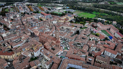 Aerial view of Alba showcasing historic architecture and vibrant rooftops in Italy