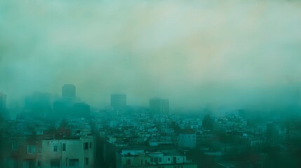Soft fall colors seen through a window, orange and red leaves alongside city buildings, creating an atmospheric autumnal cityscape