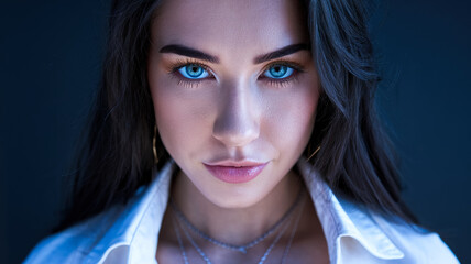 Fototapeta premium A closeup portrait of a young woman with long dark hair, wearing a white shirt, looking directly at the camera with piercing blue eyes.