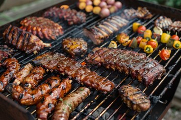 Delicious barbecue ribs and sausages grilling on barbecue grill for summer outdoor party