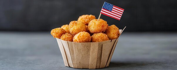Close-up of crispy fried clams served in a vintage seafood basket, with a small American flag toothpick, Patriotic fried clams, Festive and traditional
