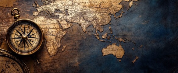 Fototapeta premium Richly detailed banner showcasing a classic compass against a historical map backdrop.