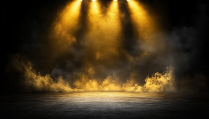 Yellow spotlights illuminate the stage floor, creating a dramatic effect.