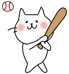 野球でボールを打つ白い猫