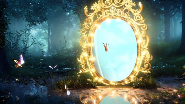Enchanting forest with flying butterfly featuring large glowing mirror magical portal