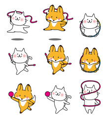 新体操をする白い猫とキツネのセット