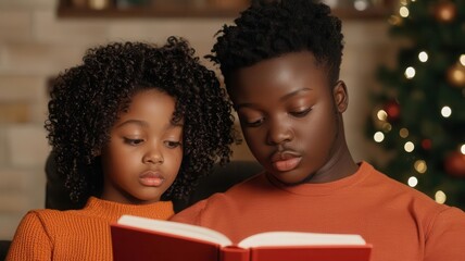 Close-up of a mother reading a book of poetry to her teenage child, with both reflecting on the words, Reading poetry with teenager, Thoughtful and bonding
