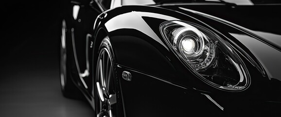 Modern car headlight close-up. Black luxury car on black background