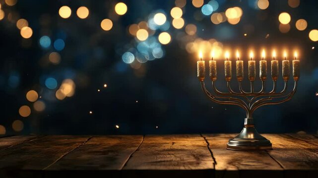 Menorah or hanukkiah with nine burning candles on dark background with golden bokeh lights. Symbol of jewish holiday Hanukkah. Religious concept. Template with copy space for greeting card, banner