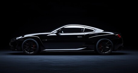 Close-up image of a black sports car on the black background