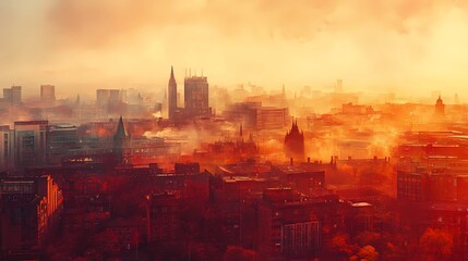 Fototapeta premium Warm-toned burlap curtain covers the window of a city apartment, hinting at a peaceful autumn view in the background