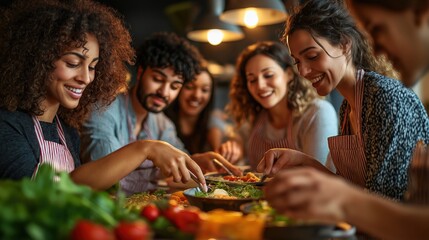 Group cooking class with friends enjoying fresh ingredients and lively conversations