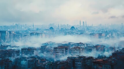 Obraz premium City apartment view through a burlap curtain, showcasing an autumn landscape outside, blurred for a calm, cozy effect