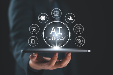 AI ethics and law in artificial intelligence governance. Icons related to AI ethics, symbols of...