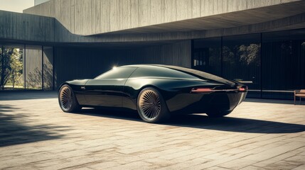 Obraz premium A captivating rear view of a sleek, futuristic car, bathed in warm sunlight, parked outside a modern, minimalist house. The car's smooth lines, glossy black paint.