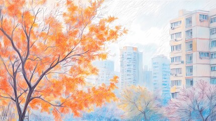 City apartment view through a burlap curtain, showcasing an autumn landscape outside, blurred for a calm, cozy effect