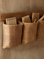 Burlap wall pockets for storage and organization.
