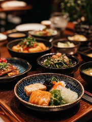 beautifully arranged platter of sushi and Korean side dishes