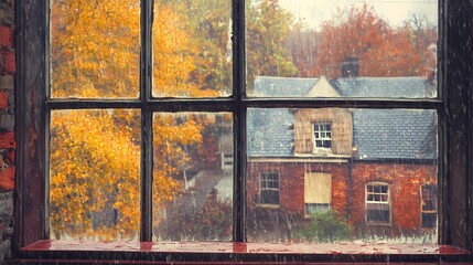 City apartment view through a burlap curtain, showcasing an autumn landscape outside, blurred for a calm, cozy effect