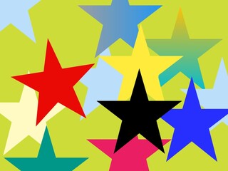 Star Shaped Abstract Image Background - A pattern of red, yellow, blue and black stars on a yellowish green background.
