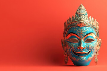 A blue mask with gold trim sits on a red background