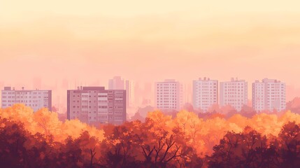 Fototapeta premium A burlap curtain hangs in a cozy city apartment window, framing a blurred autumn scene with warm colors and soft lighting