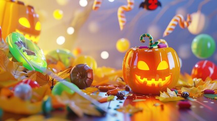 Fototapeta premium 3D Halloween Pumpkin Lantern Candy - a playful and spooky holiday display. The pumpkin lantern filled with candy creates a festive Halloween atmosphere.