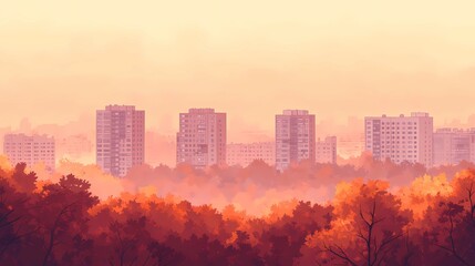 Fototapeta premium A burlap curtain hangs in a cozy city apartment window, framing a blurred autumn scene with warm colors and soft lighting