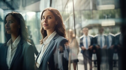 Obraz premium a mirror reflects a diverse group of confident business individuals in motion