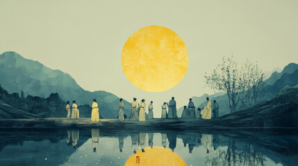 A group of ancient Chinese people, Mid-Autumn Festival, moon, mountain, lakes, in the style of highly staged scenes, minimalist sets, light yellow and blue and white