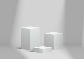 Realistic white rectangular podiums. 3d design podium template