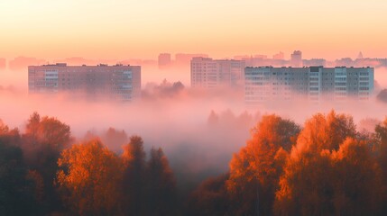 Fototapeta premium A burlap curtain hangs in a cozy city apartment window, framing a blurred autumn scene with warm colors and soft lighting