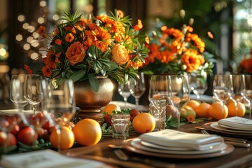 A formal dinner party with elegant table settings, crystal glasses