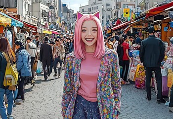 Obraz premium Colorful Anime-Style Girl in Vibrant Street Market