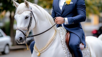 Groom Riding White Horse in Elegant Suit for Wedding Ceremony