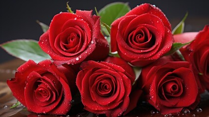 Obraz premium a delicate bouquet of vibrant red roses, showcasing their velvety petals and rich green leaves,