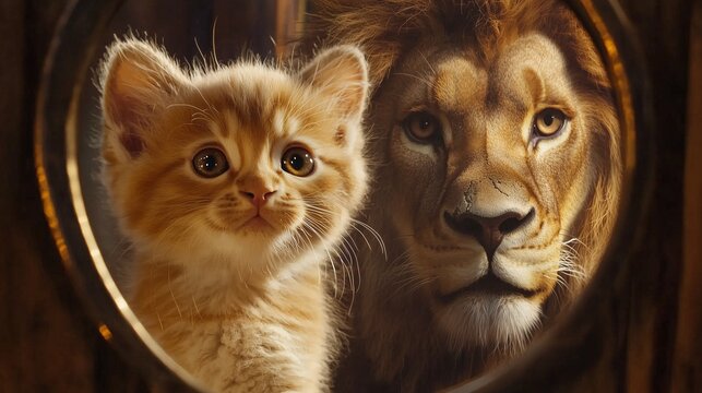 A kitten sees a lion in the mirror, symbolizing self-confidence and potential.
