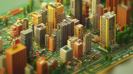 Obraz premium Cityscape on a circuit board symbolizes smart cities and digital infrastructure integration.