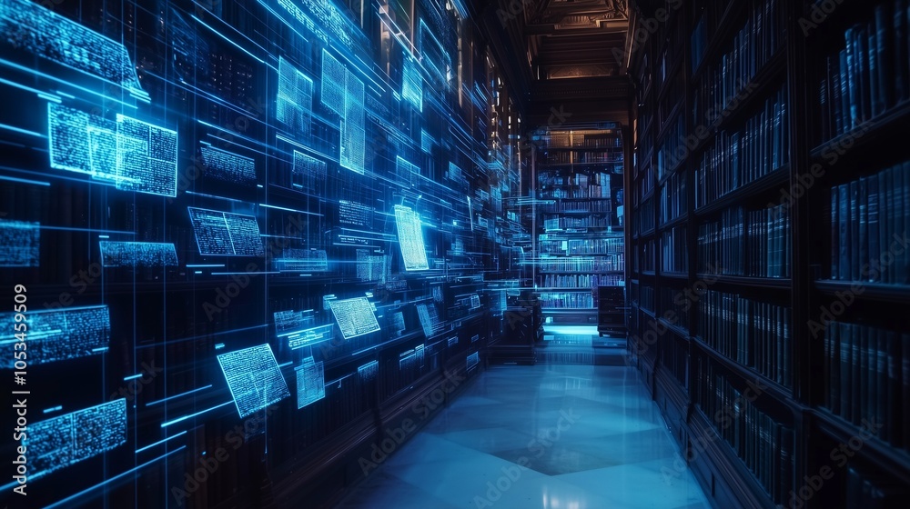 Poster digital data streams in a futuristic library symbolize cloud storage and digital transformation.