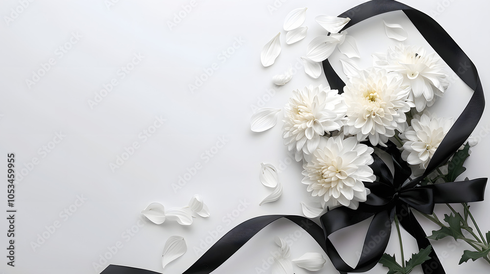 Wall mural beautiful chrysanthemum flowers and black ribbon on white background, condolence card with copy space for text