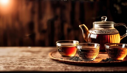 A pot of brewed tea with cups on a wooden tray in warm ambient lighting.