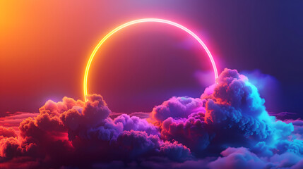 Beautiful neon colorful cloud with a rainbow ring background, in the style of luminous light effects, realistic landscapes with soft edges, dark violet and orange