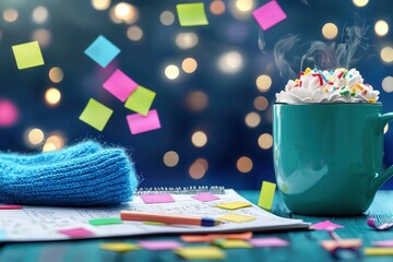 Fototapeta premium Warm and Cozy Moments A Delightful Cup of Hot Chocolate Surrounded by Colorful Notes