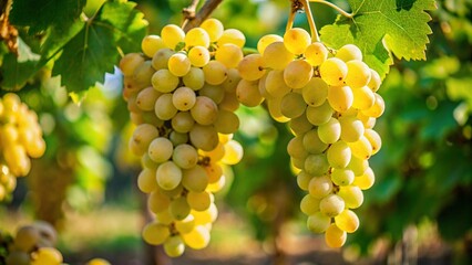 Fototapeta premium In the foreground, bunches of white grapes hang on a branch against a blurred background. 