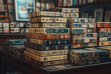 A stack of board game boxes on display, each box featuring unique artwork and design elements.