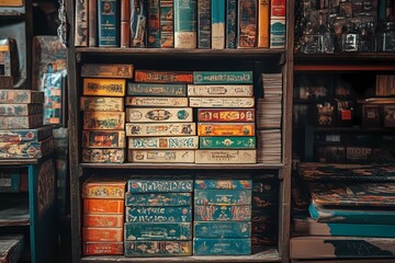 A shelf full of board game boxes in an old antique shop