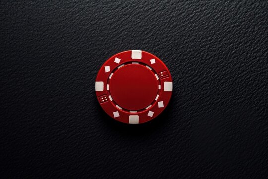 A minimalist flat lay of a single red casino chip on a black background, highlighting the simplicity and significance of the chip in a game of chance.