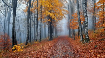 Obraz premium Pathway through a misty forest with autumn leaves