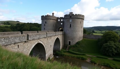  Elegant stone bridge with turrets under a clear sky
